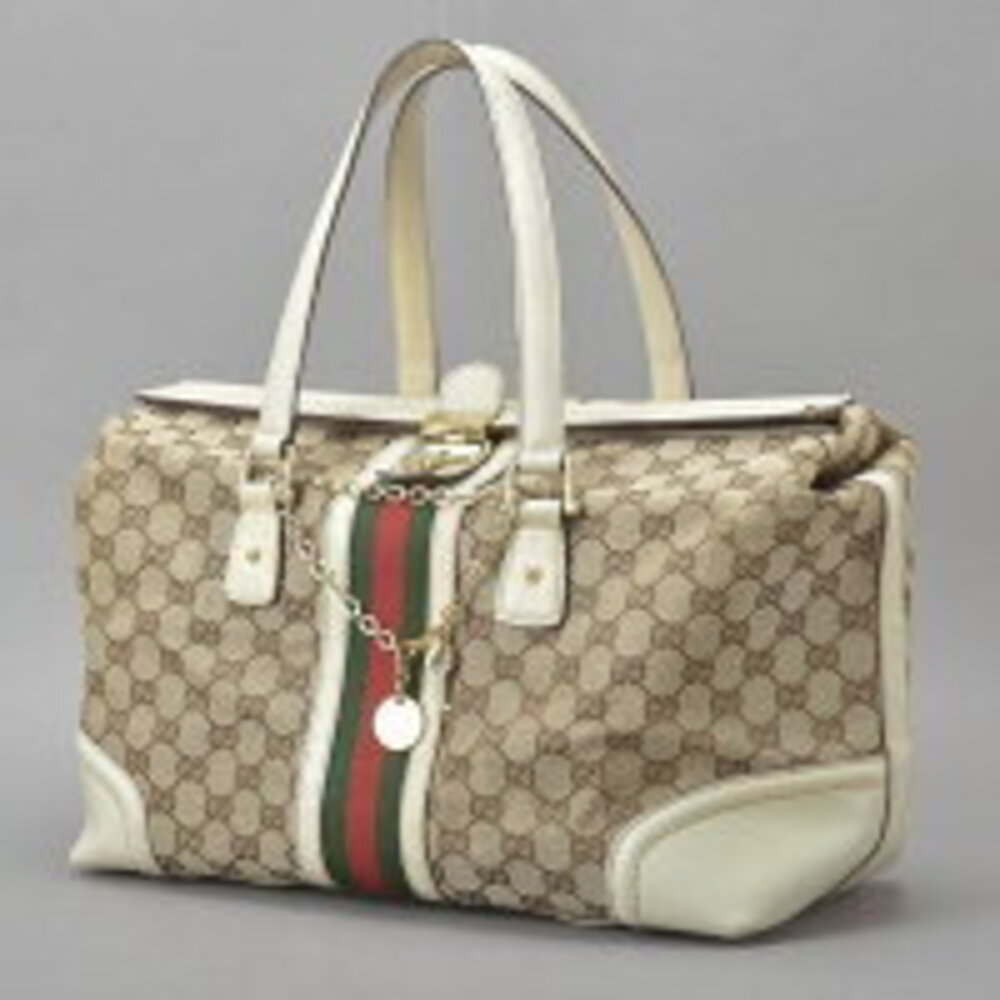 Gucci Boston Beige Bag Sherry Tan GG Leather White Handbag Line Canvas Lock